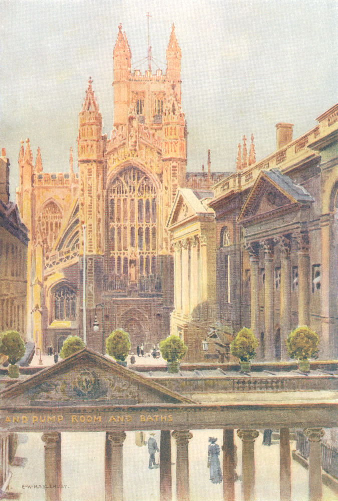 The grand Pump-Room and Abbey, Bath. Somerset. By Ernest Haslehust 1920 print
